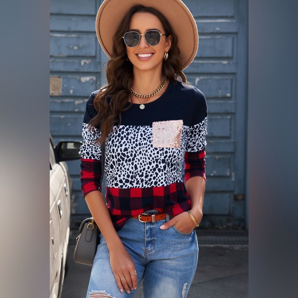 Red & Leopard Color Block Long Sleeve T-Shirt